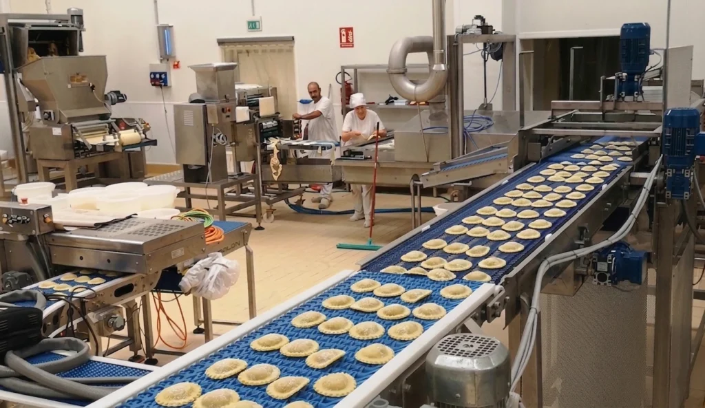 Industrial pasta production line with automated conveyor belt carrying freshly formed ravioli, surrounded by stainless steel pasta processing equipment in a commercial food production facility.