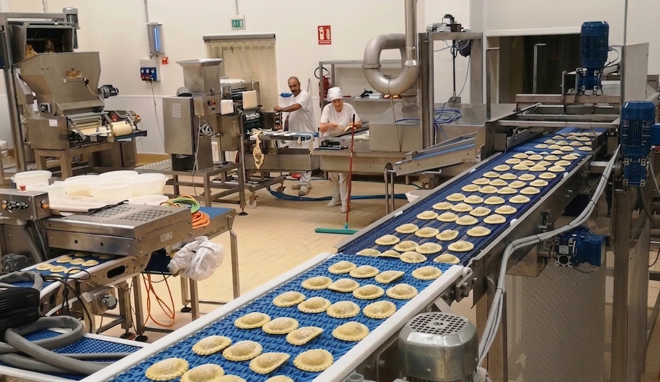 Industrial pasta production line with automated conveyor belt carrying freshly formed ravioli, surrounded by stainless steel pasta processing equipment in a commercial food production facility.