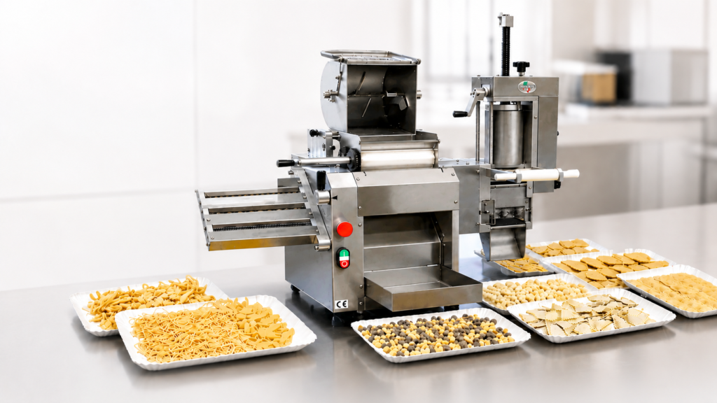 Operator running a commercial pasta machine on a production line
