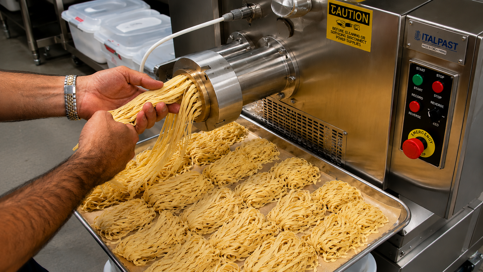 Commercial pasta machine extruding fresh pasta into neatly arranged nests in a professional kitchen