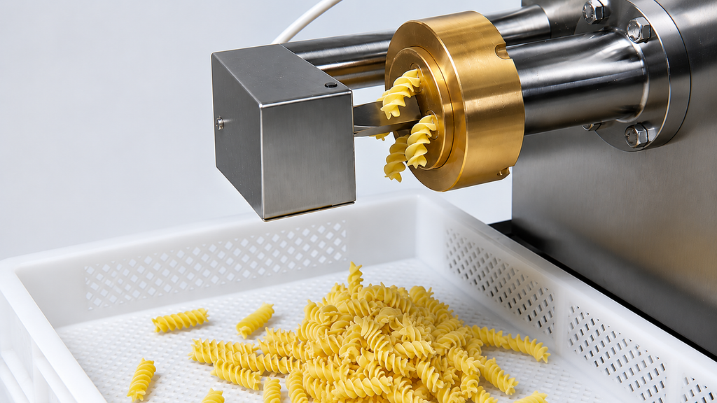 Close-up of a stainless-steel pasta extruder with a brass die producing fresh yellow fusilli pasta into a white perforated collection tray.