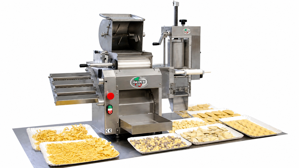 Commercial pasta-making machine producing fresh pasta, with trays of spaghetti, noodles, ravioli, and other pasta shapes displayed around the stainless-steel equipment.